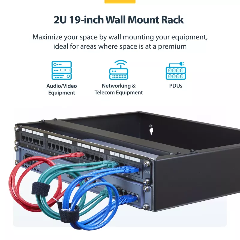 StarTech.com RACK-2U-14-BRACKET ικρίωμα δικτύου τοίχου 2U 19 ιντσών, βάθος 14 ιντσών (χαμηλό προφίλ), βάση για patch panel, αντοχή φορτίου 35 kg (77 lbs), μαύρο