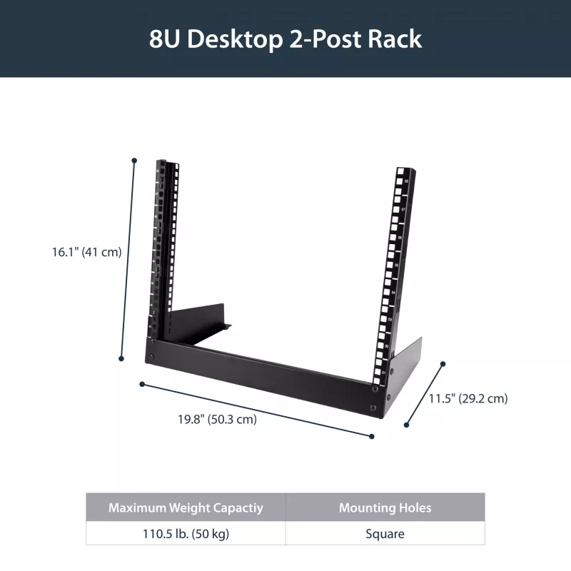 StarTech.com 2-Post 8U Desktop-Server-Rack, μικρό Open-Frame 19 inch rack υπολογιστή, συμπαγές δικτυακό rack για εξοπλισμό AV/στούντιο/δεδομένων/IT – ελεύθερο δίστυλο rack για σπίτι/γραφείο