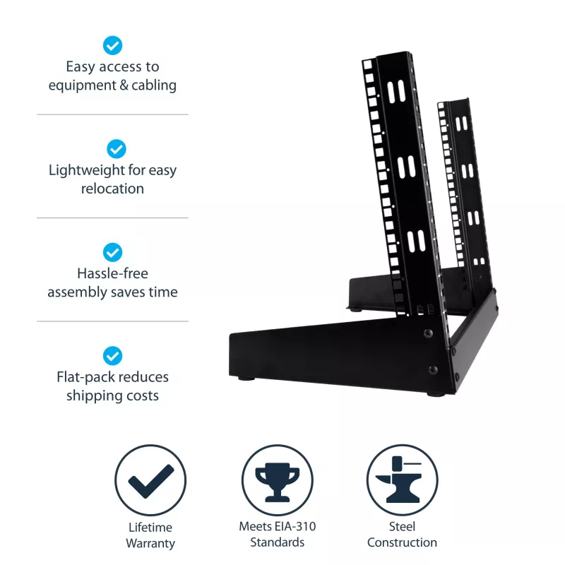 StarTech.com 2-Post 8U Desktop-Server-Rack, μικρό Open-Frame 19 inch rack υπολογιστή, συμπαγές δικτυακό rack για εξοπλισμό AV/στούντιο/δεδομένων/IT – ελεύθερο δίστυλο rack για σπίτι/γραφείο