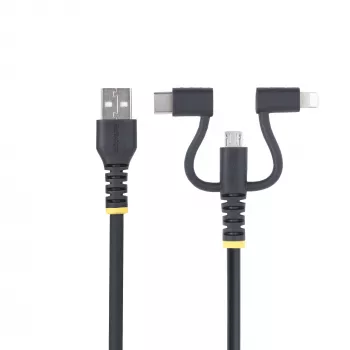 StarTech.com 1m ανθεκτικό καλώδιο πολλαπλής φόρτισης USB, USB σε Lightning/Micro-USB/Type-C, Apple MFi πιστοποιημένο, θήκη Aramid, καθολικό 3-in-1 καλώδιο φόρτισης USB για iPhone/iPad/Android