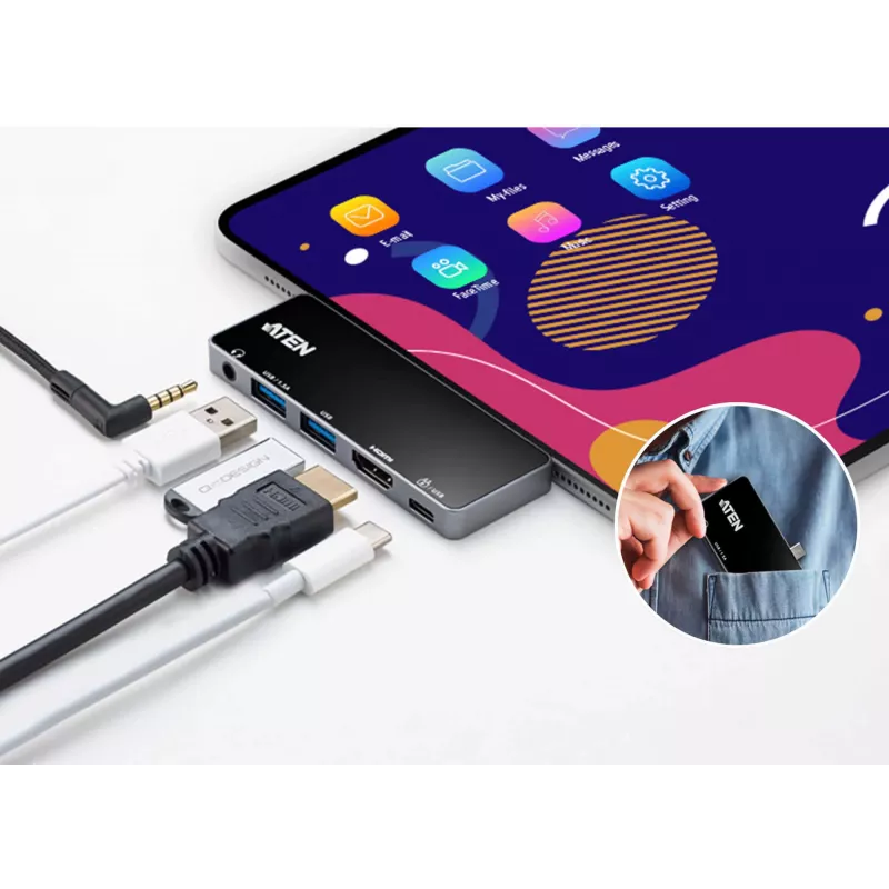 ATEN USB-C Travel Dock με διέλευση ρεύματος, Universal, USB Type-C, Μαύρο, Ασημί