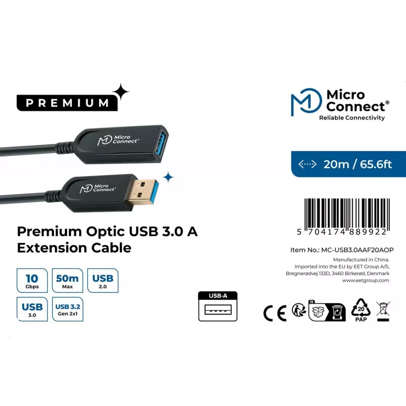 Microconnect USB3.0AAF20AOP Καλώδιο USB USB 3.2 Gen 1 (3.1 Gen 1) 20 m USB A μαύρο