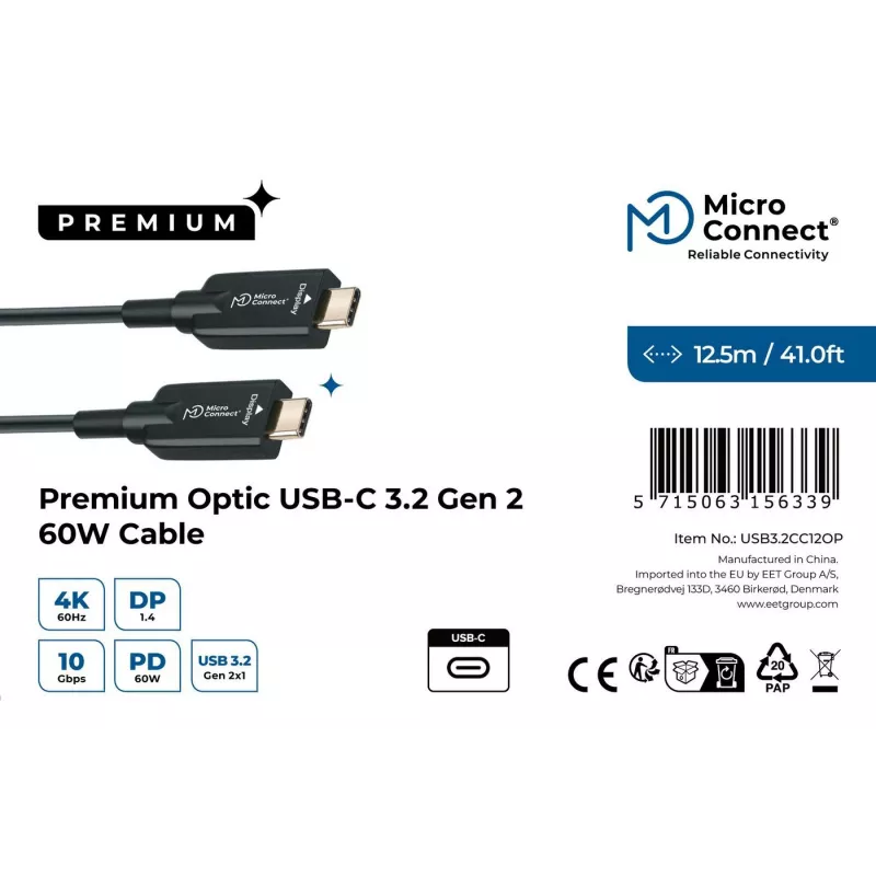Microconnect USB3.2CC12OP υβριδικό καλώδιο USB-C σε USB-C, USB 3.2 Gen 2, 12,5 m, μαύρο