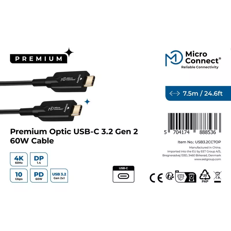 Microconnect USB3.2CC7OP υβριδικό ενεργό οπτικό καλώδιο USB-C σε USB-C, USB 3.2 Gen 2, 7,5 m, 4K 60 Hz, μαύρο