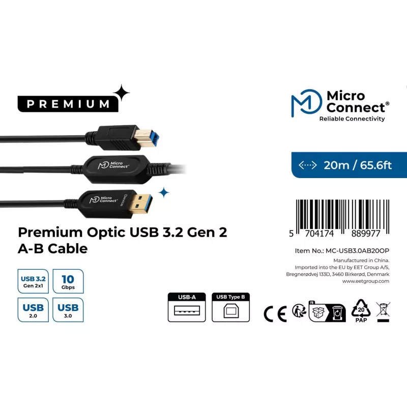 Microconnect MC-USB3.0AB20OP Καλώδιο USB USB 3.2 Gen 2 (3.1 Gen 2) 20 m USB A USB B Μαύρο