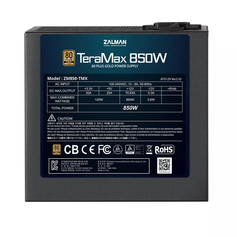 Zalman ZM850-TMX TeraMax Τροφοδοτικό 850 W, 80 PLUS Gold, ενεργό PFC, ανεμιστήρας 120 mm