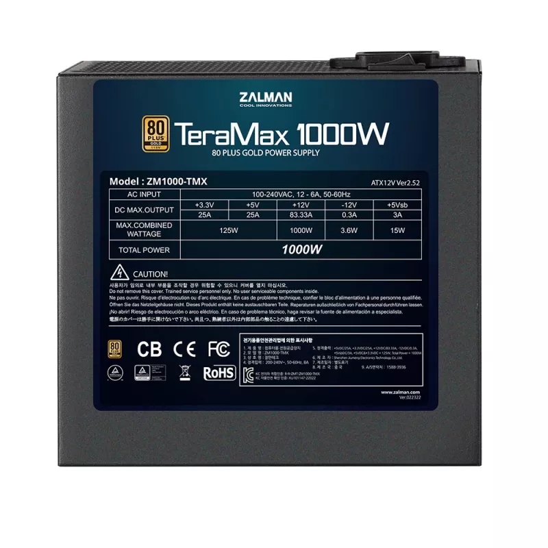 Τροφοδοτικό Zalman ZM1200-TMX 1200 W, 80 PLUS Gold, ενεργό PFC, ανεμιστήρας 120 mm