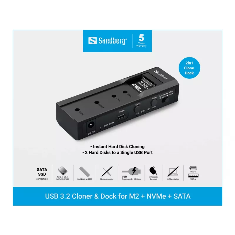 Κλωνιστής και dock USB 3.2 Sandberg για M2 + NVMe + SATA