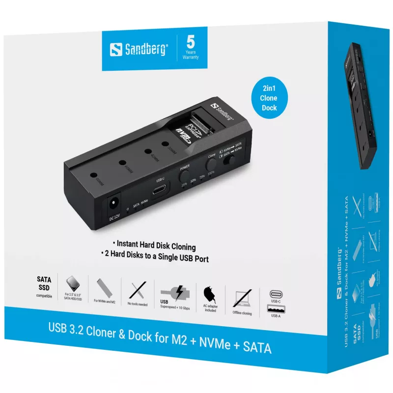 Κλωνιστής και dock USB 3.2 Sandberg για M2 + NVMe + SATA