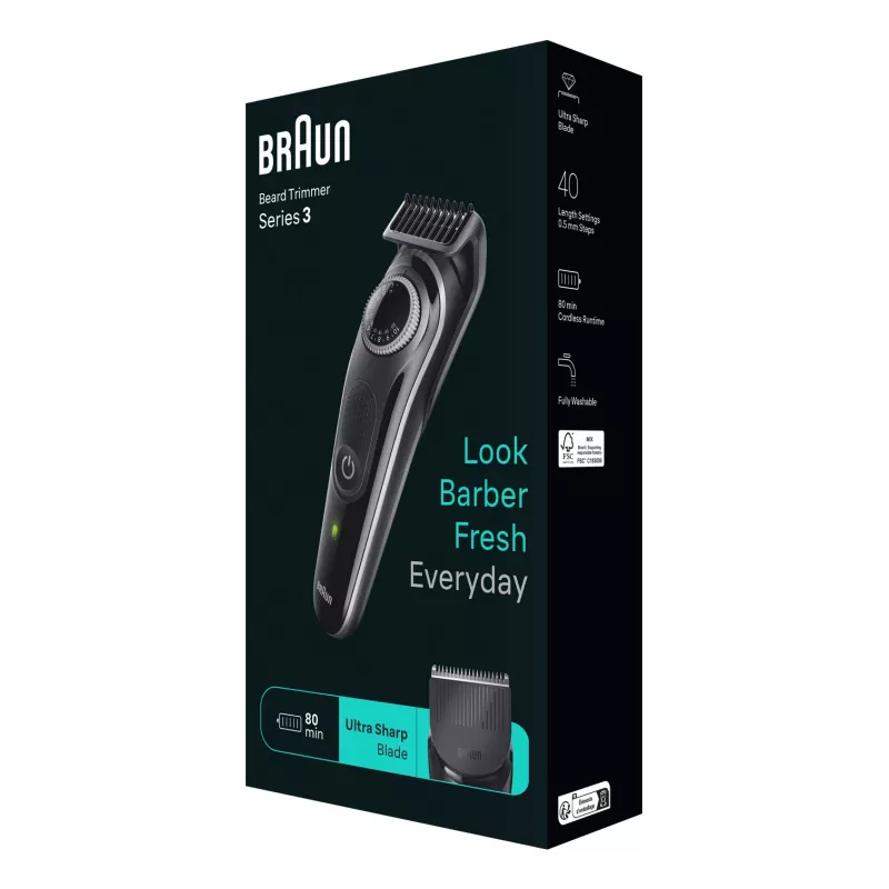 Braun BeardTrimmer 3 τριμερ γενειάδας 3 BT3440, πλενόμενο, μπαταρία, μαύρο