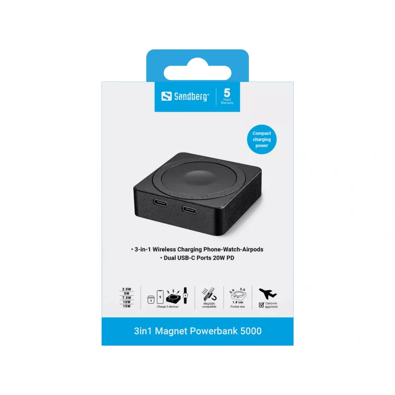 Φορητή μπαταρία Sandberg 3in1 Magnet Powerbank 5000, 5000 mAh