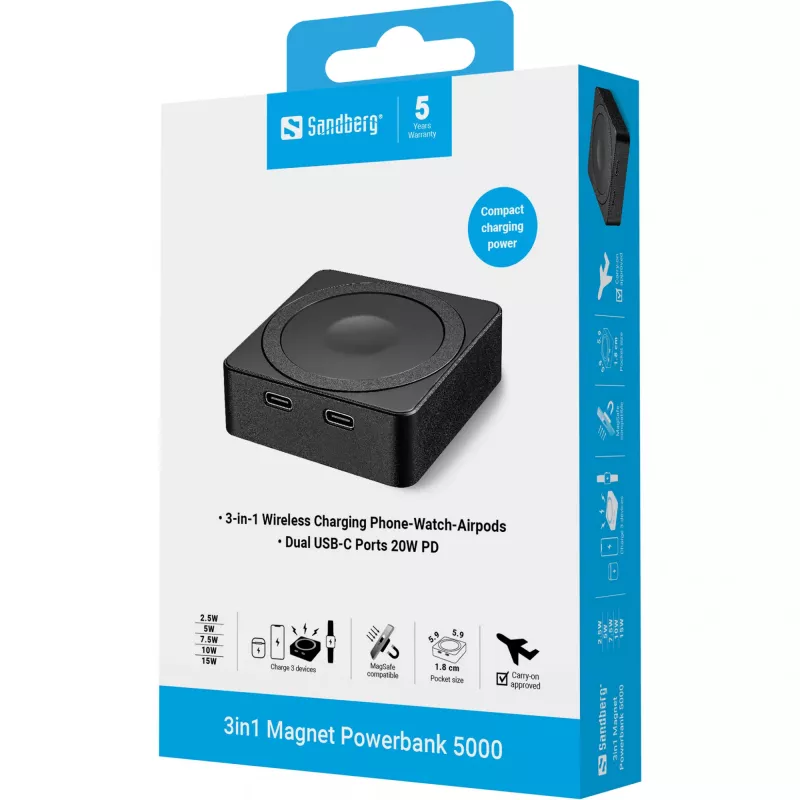 Φορητή μπαταρία Sandberg 3in1 Magnet Powerbank 5000, 5000 mAh