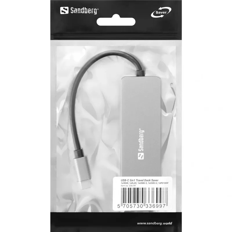 Sandberg 336-99 USB-C 5in1 Travel Dock Saver σταθμός σύνδεσης, 4K HDMI, Gigabit Ethernet RJ45, 2x USB 3.0, USB-C PD 100W, αλουμίνιο
