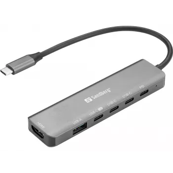 Docking-Hub SANDBERG USB-C 6-in-1 MediaDock — USB 3.2 Gen 1 Type-C 10 Gbit/s, 4K HDMI, PD έως 100 W, 1×USB-A, 1×USB2.0, γκρι