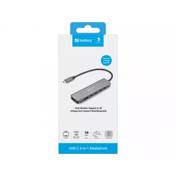 Docking-Hub SANDBERG USB-C 6-in-1 MediaDock — USB 3.2 Gen 1 Type-C 10 Gbit/s, 4K HDMI, PD έως 100 W, 1×USB-A, 1×USB2.0, γκρι