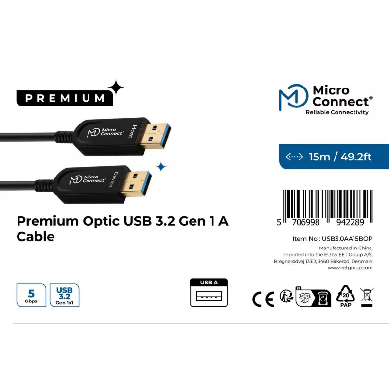 Καλώδιο USB Microconnect USB3.0AA15BOP USB 3.2 Gen 1 (3.1 Gen 1) 15 m USB A μαύρο