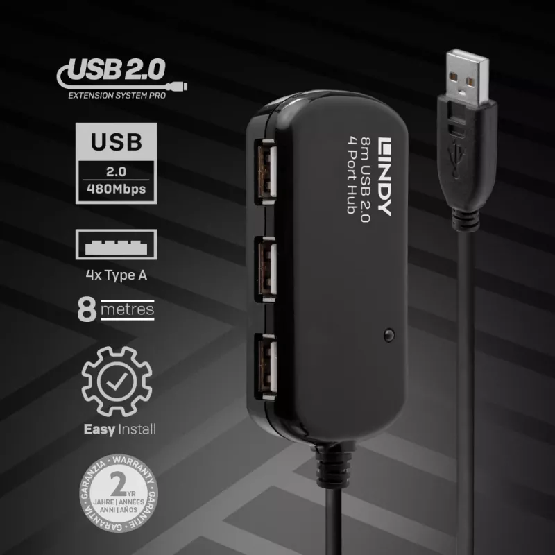 Ενεργή προέκταση Lindy 8m USB 2.0 Active Extension Pro Hub