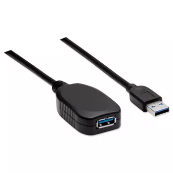 Manhattan Καλώδιο επέκτασης USB-A σε USB-A, 5 m, βύσμα αρσενικό σε υποδοχή θηλυκή, ενεργό, 5 Gbit/s (USB 3.2 Gen1, γνωστό και ως USB 3.0), ενσωματωμένος επαναλήπτης, SuperSpeed USB, μαύρο, τρία χρόνια εγγύηση, συμβατό με USB2AAEXT5M.