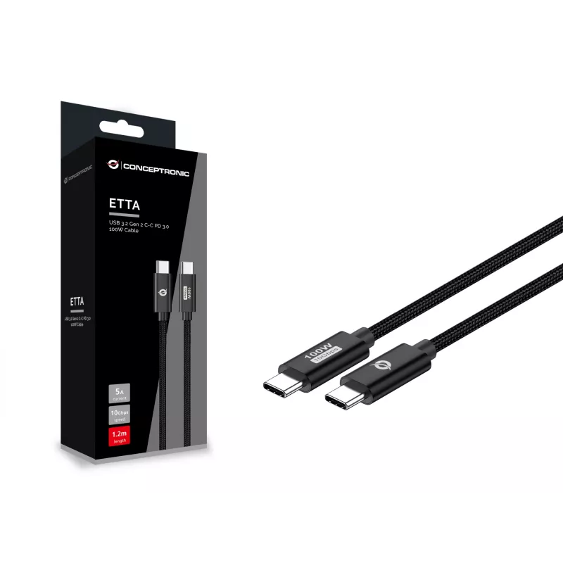 Conceptronic ETTA02B12 Καλώδιο USB 3.2 Gen 2 C-C PD 3.0 100W 1,2 m, 20 V 5 A, 10 Gbit/s, E-Mark