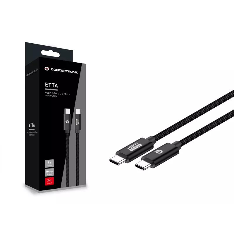 Conceptronic ETTA02B20 Καλώδιο USB 3.2 Gen 2 C-C PD 3.0 100W 2M, 20V 5A, 10Gbps, E-Mark