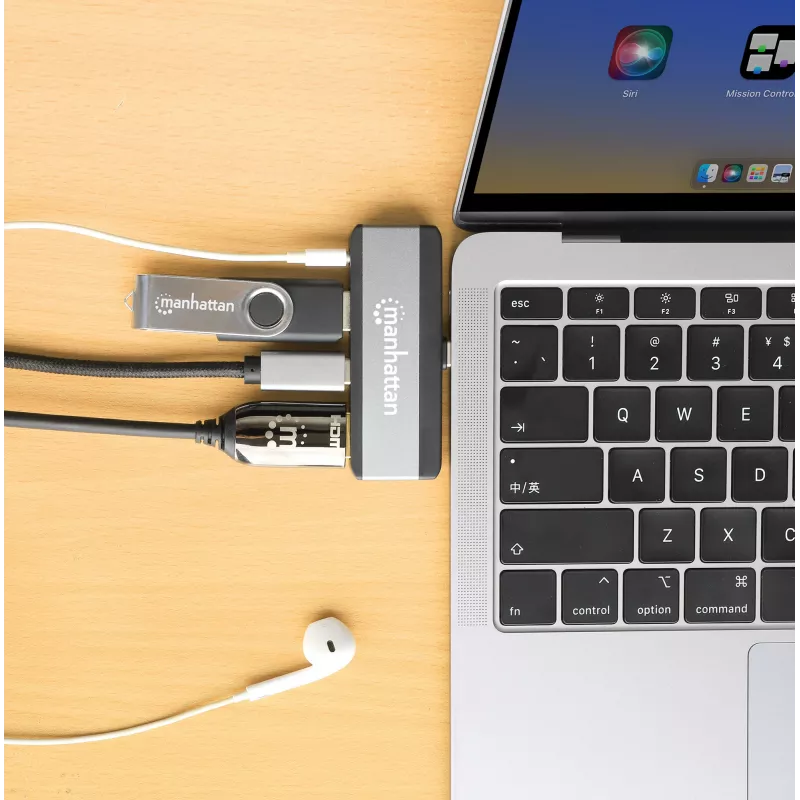 Manhattan 190404 φορητός σταθμός σύνδεσης 4 σε 1 USB-C PD σε HDMI, USB 3.2 Gen 2, 10 Gbit/s, 4K, 100 W PD, γκρι