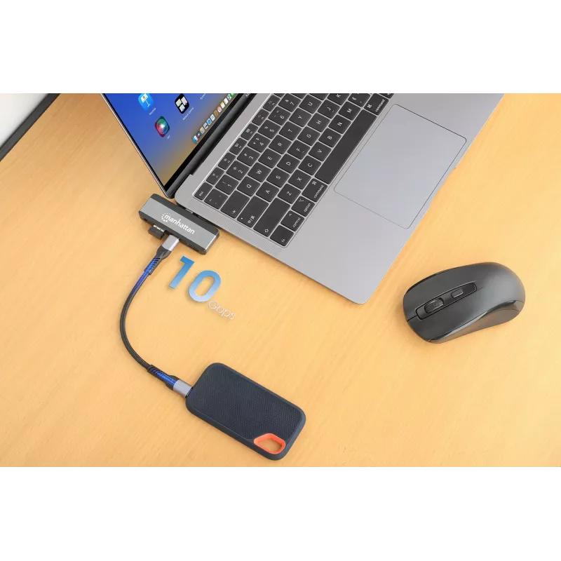 Manhattan 190404 φορητός σταθμός σύνδεσης 4 σε 1 USB-C PD σε HDMI, USB 3.2 Gen 2, 10 Gbit/s, 4K, 100 W PD, γκρι