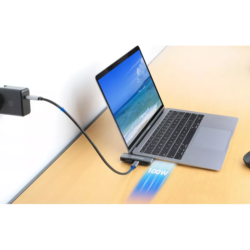 Manhattan 190404 φορητός σταθμός σύνδεσης 4 σε 1 USB-C PD σε HDMI, USB 3.2 Gen 2, 10 Gbit/s, 4K, 100 W PD, γκρι