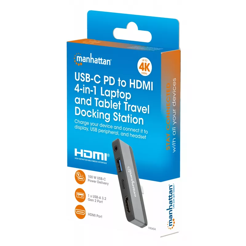 Manhattan 190404 φορητός σταθμός σύνδεσης 4 σε 1 USB-C PD σε HDMI, USB 3.2 Gen 2, 10 Gbit/s, 4K, 100 W PD, γκρι