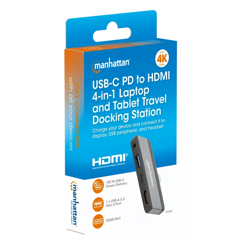 Manhattan 190404 φορητός σταθμός σύνδεσης 4 σε 1 USB-C PD σε HDMI, USB 3.2 Gen 2, 10 Gbit/s, 4K, 100 W PD, γκρι