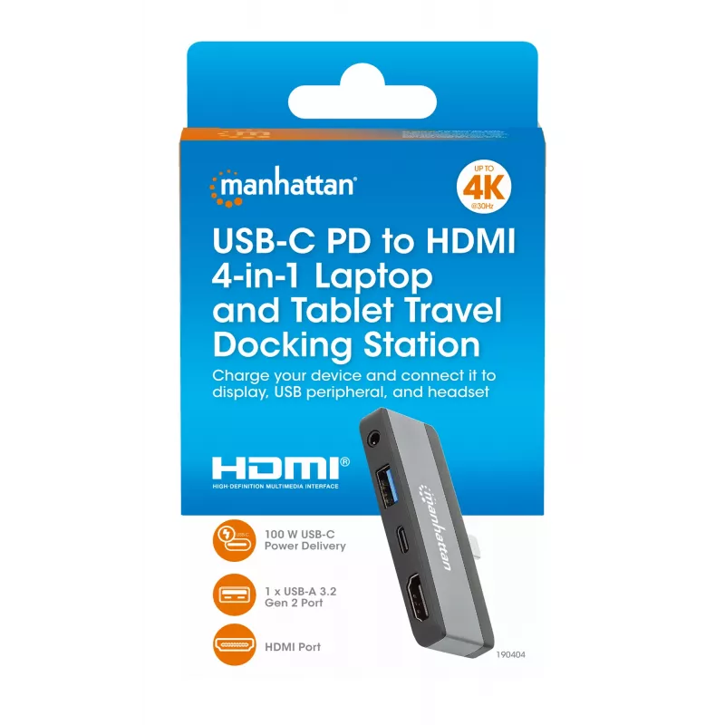 Manhattan 190404 φορητός σταθμός σύνδεσης 4 σε 1 USB-C PD σε HDMI, USB 3.2 Gen 2, 10 Gbit/s, 4K, 100 W PD, γκρι