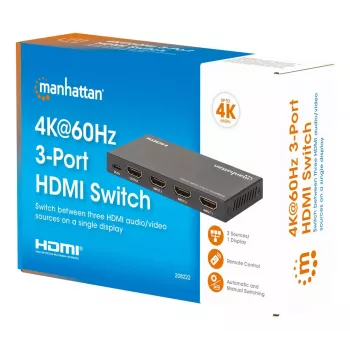 Διακόπτης HDMI 3x1 MANHATTAN 18G Αυτόματο Χειροκίνητο Τηλεχειριστήριο IR Μαύρο