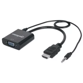 Καλώδιο μετατροπέα Manhattan HDMI σε VGA (με ήχο), 1080p, 30 cm, αρσενικό σε θηλυκό, είσοδος τροφοδοσίας Micro-USB για πρόσθετη τροφοδοσία όταν χρειάζεται, μαύρο, τρία χρόνια εγγύηση
