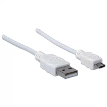 Καλώδιο Manhattan USB-A σε Micro-USB, 1m, αρσενικό σε αρσενικό, λευκό, 480 Mbit/s (USB 2.0), Hi-Speed USB, εφ' όρου ζωής εγγύηση, ισοδύναμο με USBPAUB1MW.