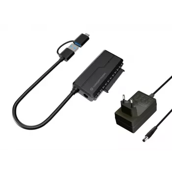 Conceptronic ABBY21B Προσαρμογέας USB 3.0 SATA με τροφοδοτικό, 2,5 ίντσες/3,5 ίντσες SATA HDD/SSD, Καλώδιο 2-in-1 USB-C/A
