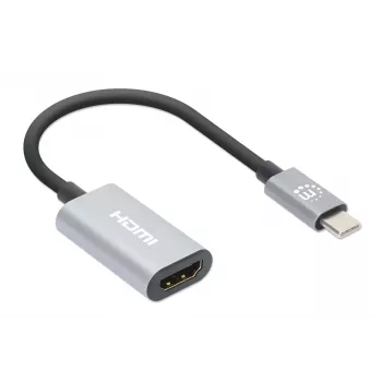 Καλώδιο Manhattan USB-C σε HDMI, 4K@60Hz, 5 Gbit/s (USB 3.2 Gen1 aka USB 3.0), 11 cm, βύσμα αρσενικό σε υποδοχή θηλυκή, μαύρο/ασημί, τρία χρόνια εγγύηση