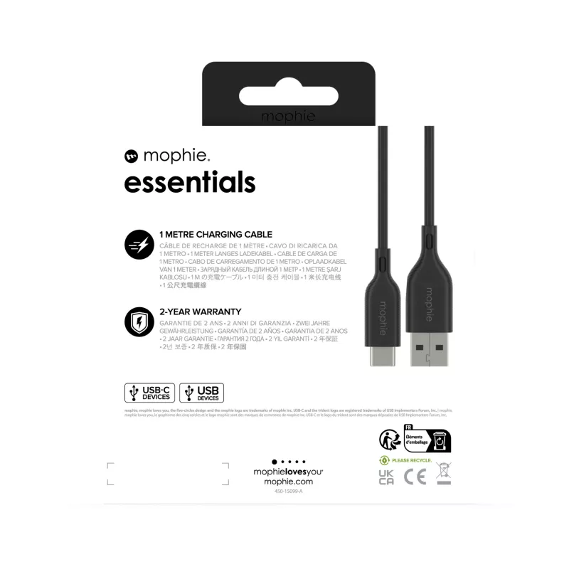 Mophie Essentials Καλώδιο φόρτισης | 1 m καλώδιο USB USB 2.0 USB A σε USB C μαύρο
