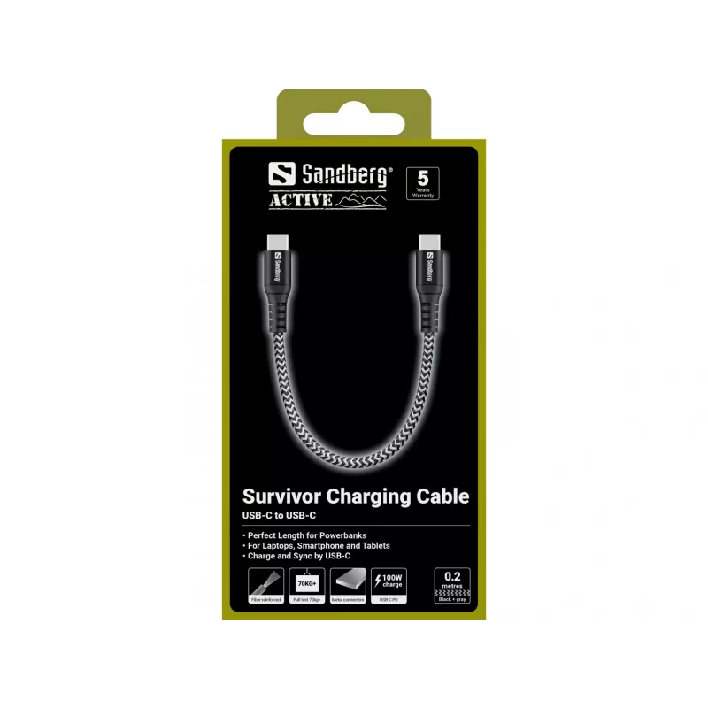 Καλώδιο USB-C Sandberg Survivor 0,2 m 100 W μαύρο λευκό