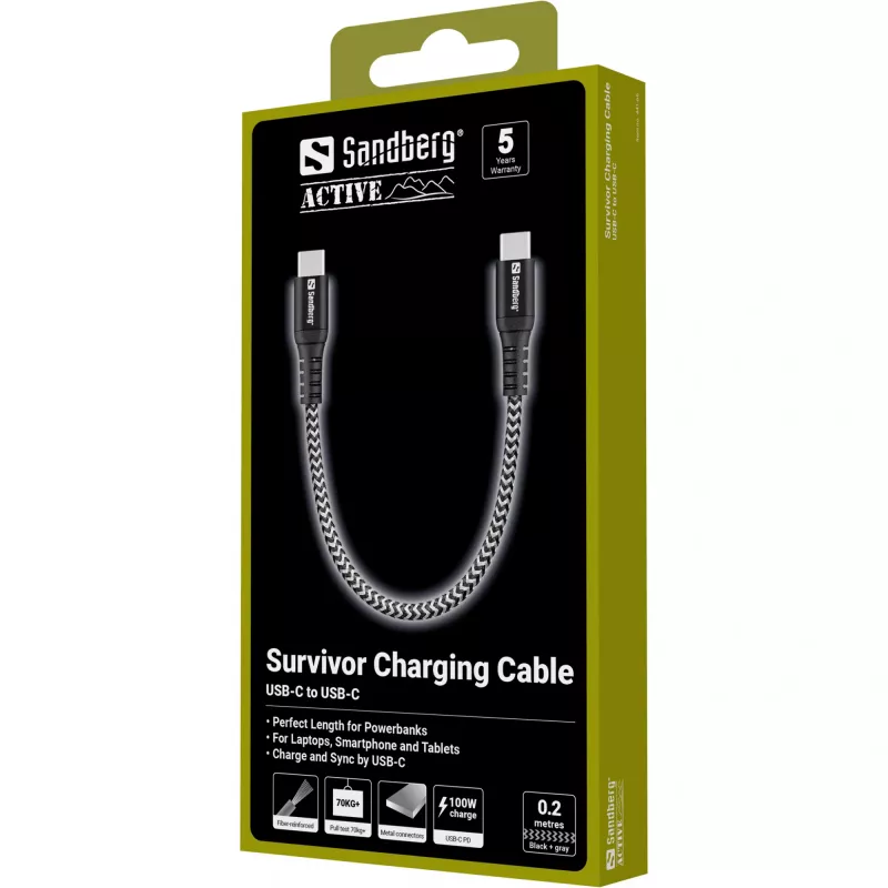 Καλώδιο USB-C Sandberg Survivor 0,2 m 100 W μαύρο λευκό