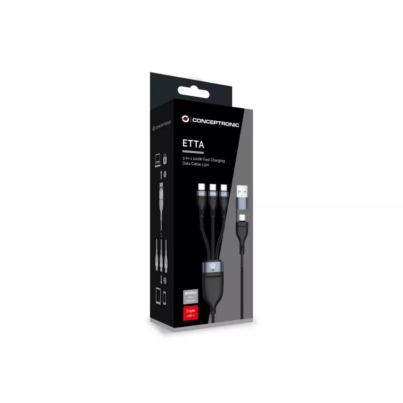 Conceptronic ETTA06B15C Καλώδιο γρήγορης φόρτισης και δεδομένων 3 σε 1 100 W 1,5 m, τριπλό USB-C, USB 2.0, E-Mark
