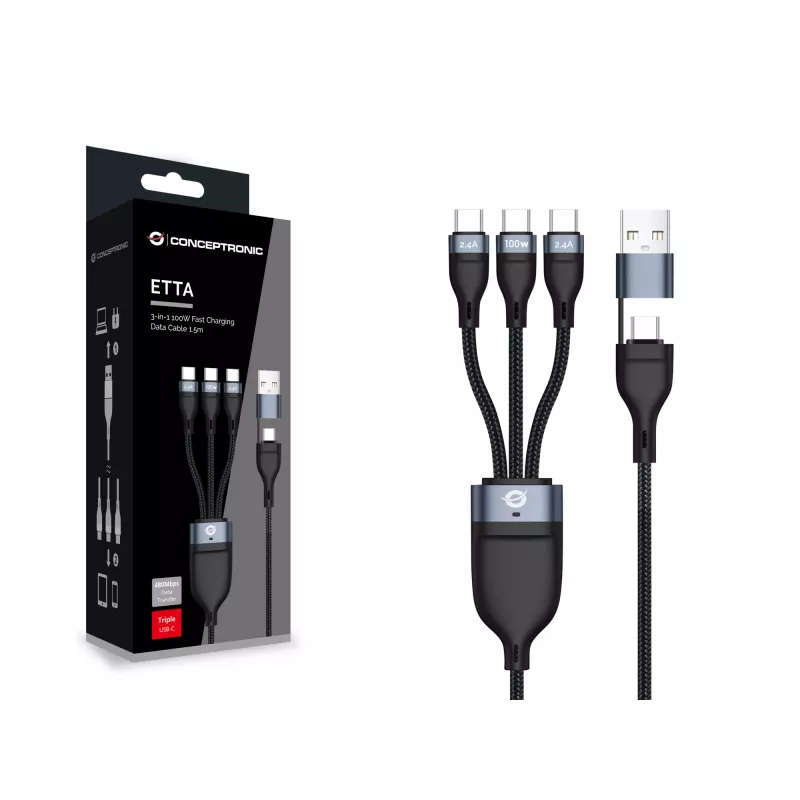 Conceptronic ETTA06B15C Καλώδιο γρήγορης φόρτισης και δεδομένων 3 σε 1 100 W 1,5 m, τριπλό USB-C, USB 2.0, E-Mark