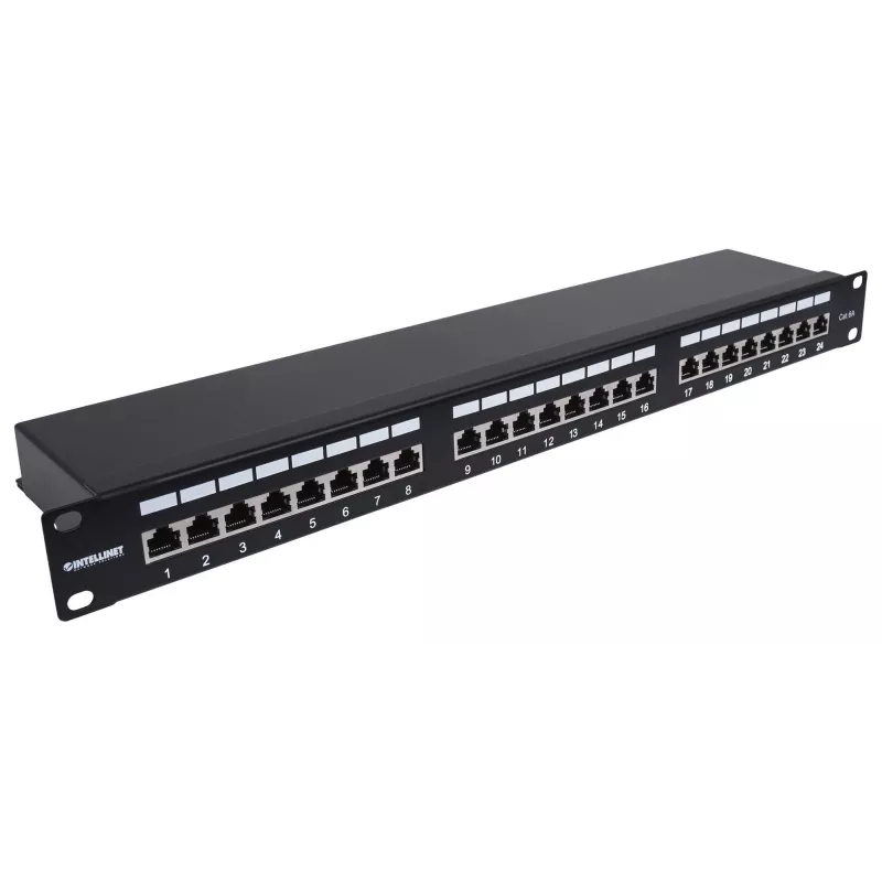 Intellinet Patch Panel, Cat6a, FTP, 24 θυρών, 1U, θωρακισμένο, 90° Top-Entry Λωρίδες LSA, μαύρο