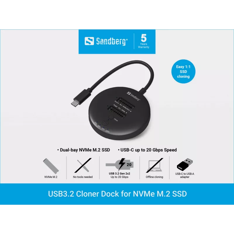 Sandberg USB3.2 Cloner Dock για NVMe M.2 SSD, μαύρο, 20 Gbit/s