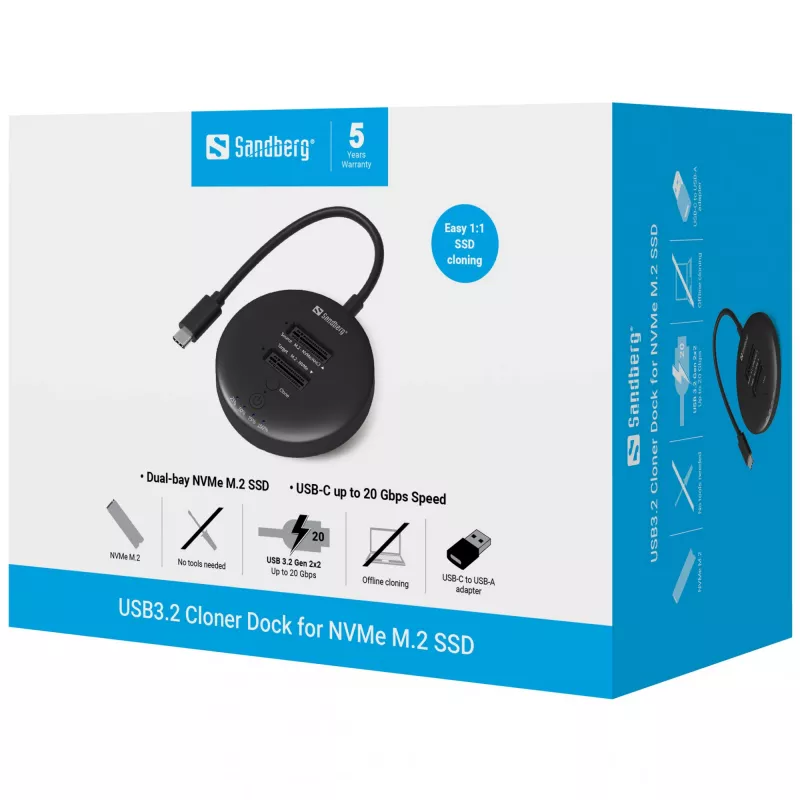 Sandberg USB3.2 Cloner Dock για NVMe M.2 SSD, μαύρο, 20 Gbit/s