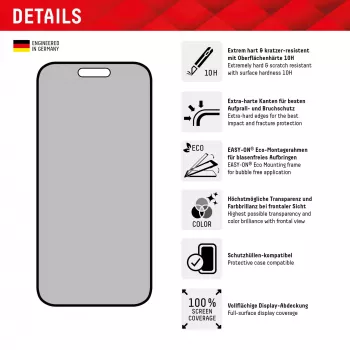 Displex Privacy Screen Protector (10H) για Apple iPhone 15/15 Pro, Eco πλαίσιο τοποθέτησης, φίλτρο απορρήτου