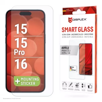 Displex Smart Glass (9H) για Apple iPhone 15/15 Pro/16, αυτοκόλλητο τοποθέτησης, άθραυστο