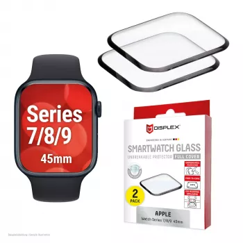 Μεμβράνη προστασίας οθόνης Displex Unbreakable Full Cover Smart Glass για Apple Watch 45mm (Series 9/8/7), συσκευασία 2 τεμ., εξαιρετικά λεπτή χωρίς πλαίσιο