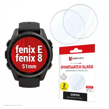 Displex 9H Glass Garmin fenix E/fenix 8 (51mm), συσκευασία 2 τεμ., εξαιρετικά λεπτό, χωρίς πλαίσιο, Anti-Schmutz, κατασκευασμένο στη Γερμανία