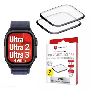 Προστασία οθόνης Displex Unbreakable Full Cover Smart Glass για Apple Watch Ultra 3/Ultra 2/Ultra (49 mm), συσκευασία 2 τεμ., χωρίς πλαίσιο, διαφανές