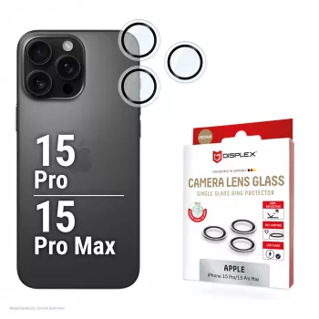 Displex Premium γυαλί κάμερας, iPhone 15 Pro/15 Pro Max, 10H, μεμονωμένοι δακτύλιοι, DLC, διαφανές, γρήγορη τοποθέτηση