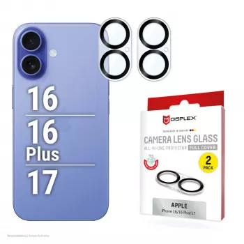 Displex Full Cover Γυαλί φακού κάμερας iPhone 16/16 Plus/17, 10H, πλήρης προστασία κάμερας, Ταχεία τοποθέτηση, συσκευασία 2 τεμ.